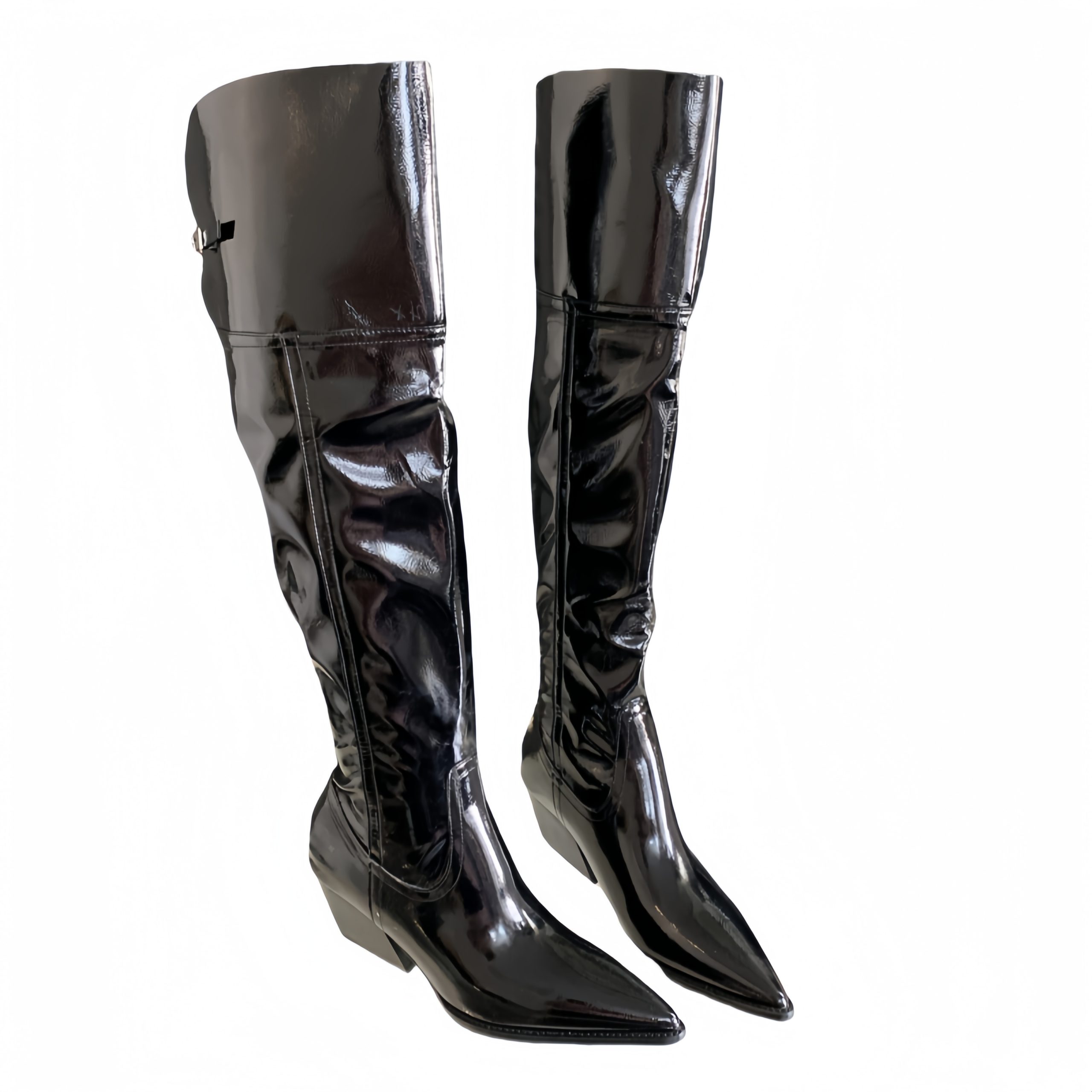 BUBUFLY Women's Western Cowboy Over Knee High Boots Patent Leather Pointed Toe Chunky Heel Fall Winter Slim Fit - Image 5