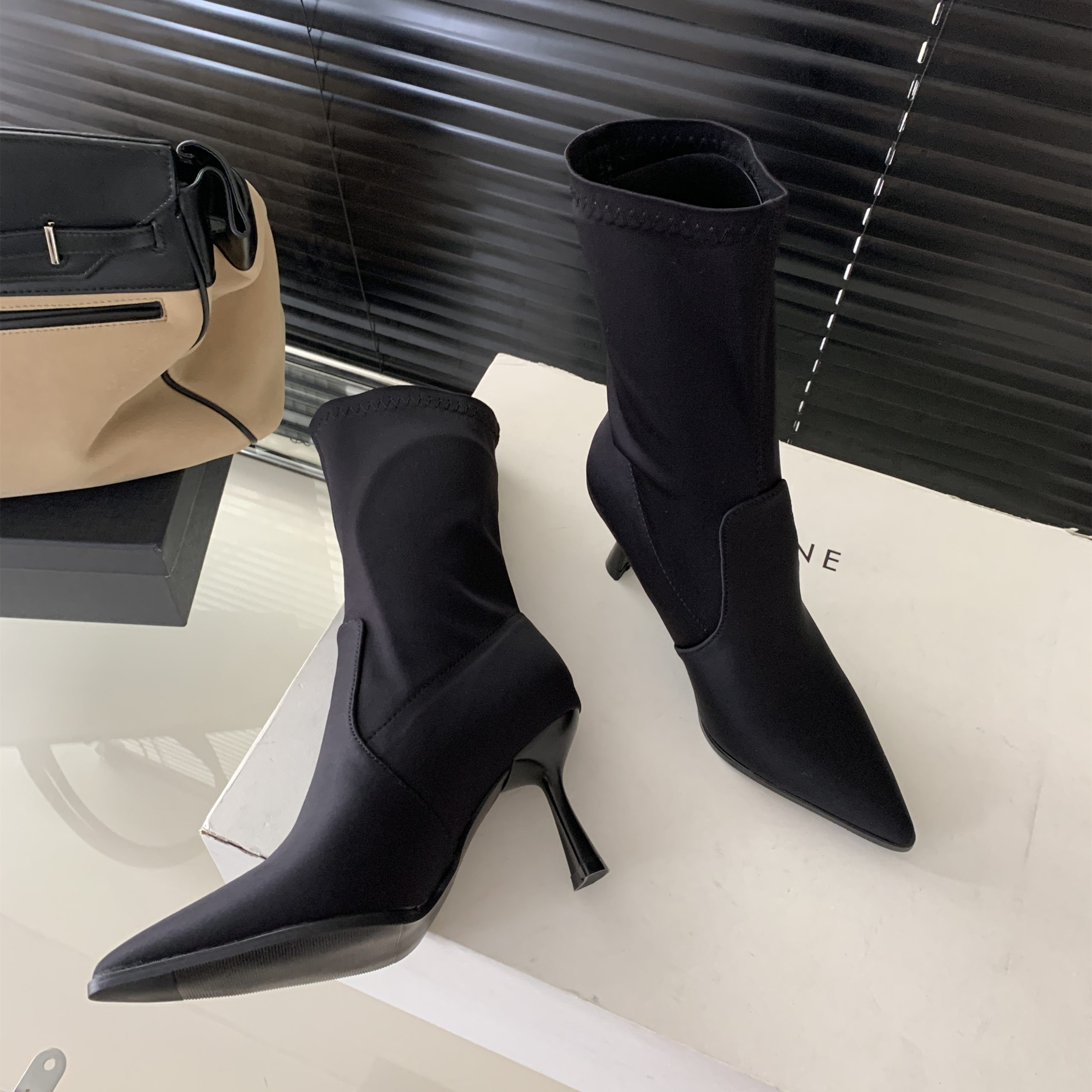 BUBUFLY Women's Slim Fit Mid Calf Stretch Boots Pointed Toe High Heel Thin Heel 2024 Autumn Winter Black - Image 4