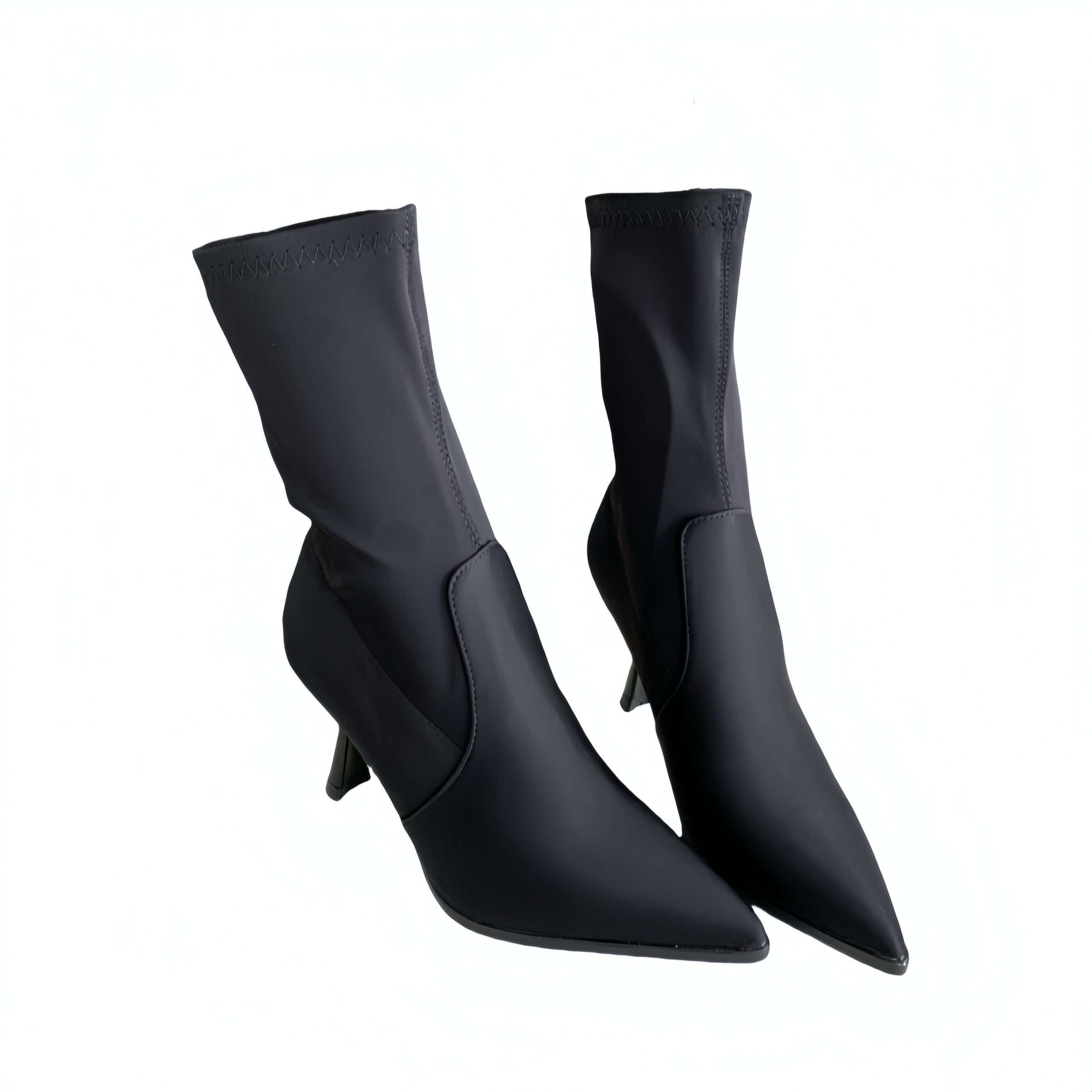 BUBUFLY Women's Slim Fit Mid Calf Stretch Boots Pointed Toe High Heel Thin Heel 2024 Autumn Winter Black - Image 5