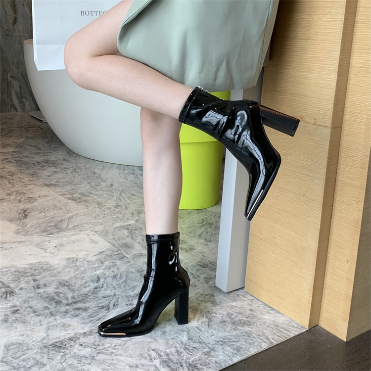 BUBUFLY Women's Patent Leather Short Boots 2024 New European Style High Heel Chunky Heel Square Toe Ankle Boots