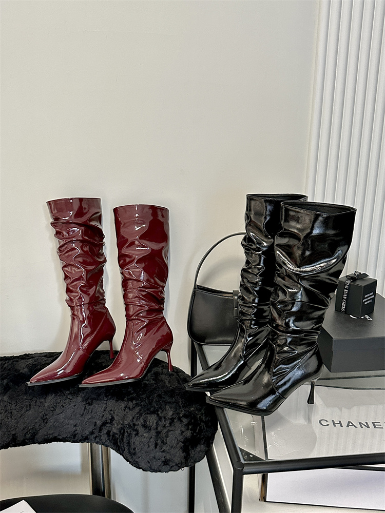 BUBUFLY Women's Pointed Toe High Heel Knee High Boots Patent Leather Black Wine Red - Image 4