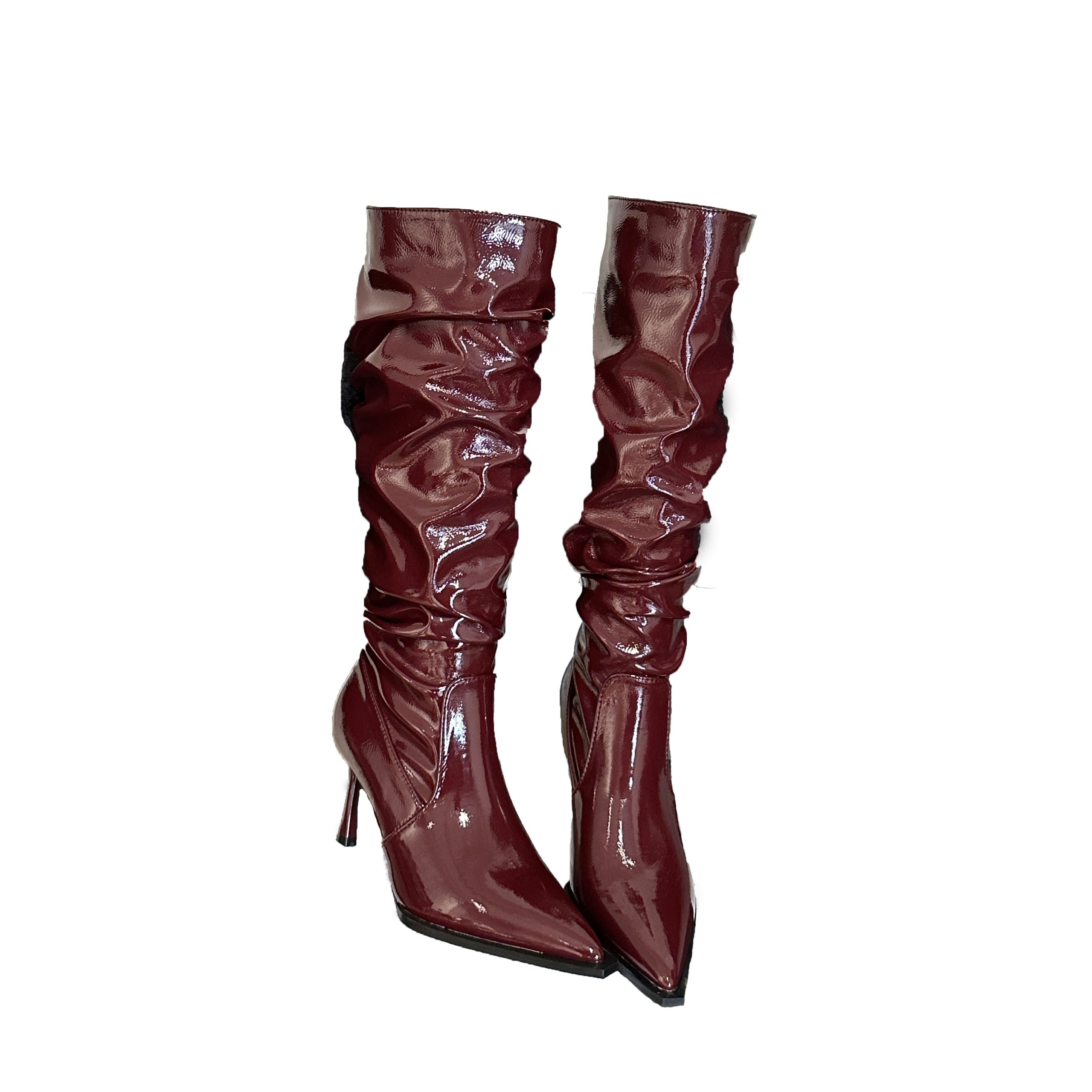 BUBUFLY Women's Pointed Toe High Heel Knee High Boots Patent Leather Black Wine Red - Image 5