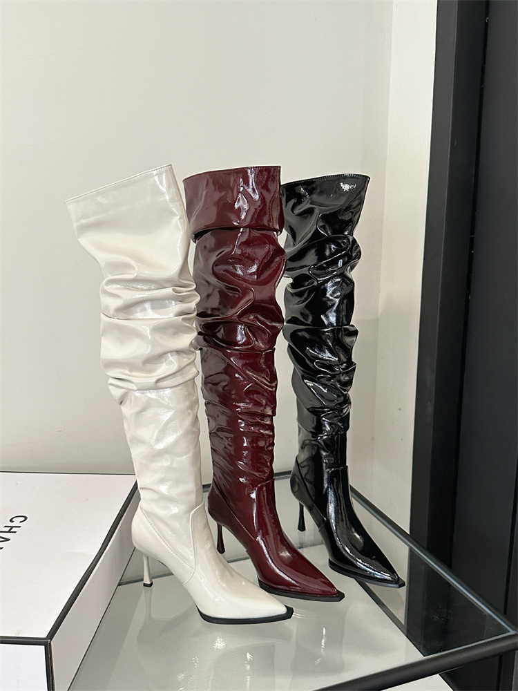 BUBUFLY Women's Pointed Toe Pleated Over Knee High Boots 2024 Fall Thin Heel Stacked Boots - Image 4
