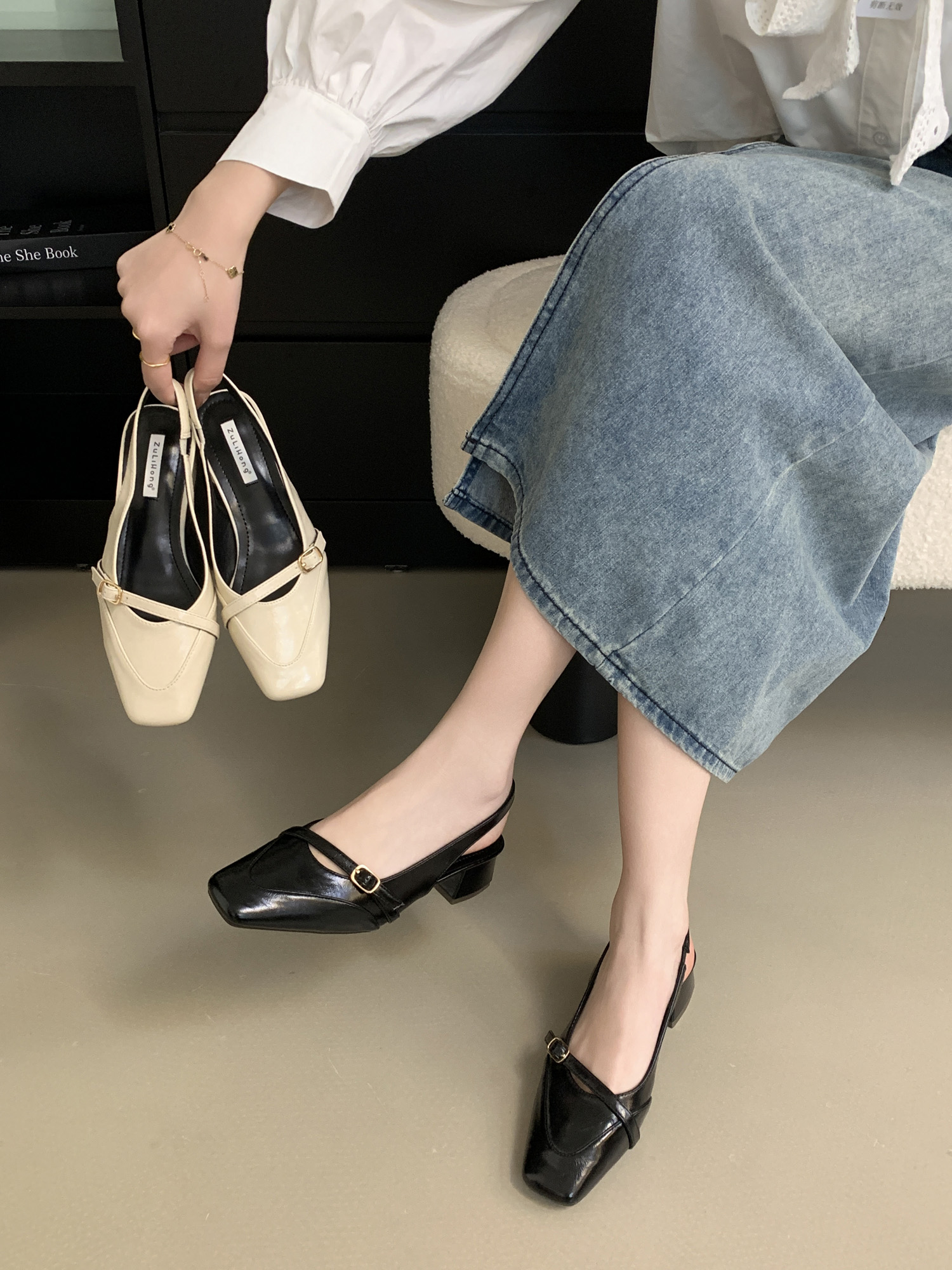 French Retro Chunky Heel Mary Jane Shoes for Women 2025 New Spring Square Toe Shallow Mouth Hollow Mid Heel Back Strap
