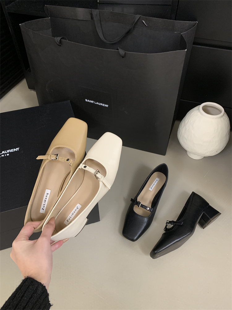 Women's Chunky Square Toe Mary Jane Shoes 2025 Spring New Hollow Out PU Slip On Low Heel