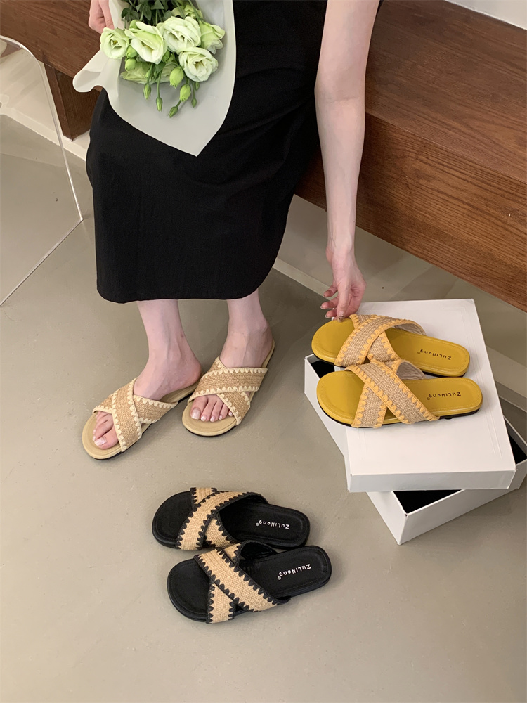 Bohemian Vacation Slippers for Women Summer New Retro Woven Flat Sandals Beach Shoes