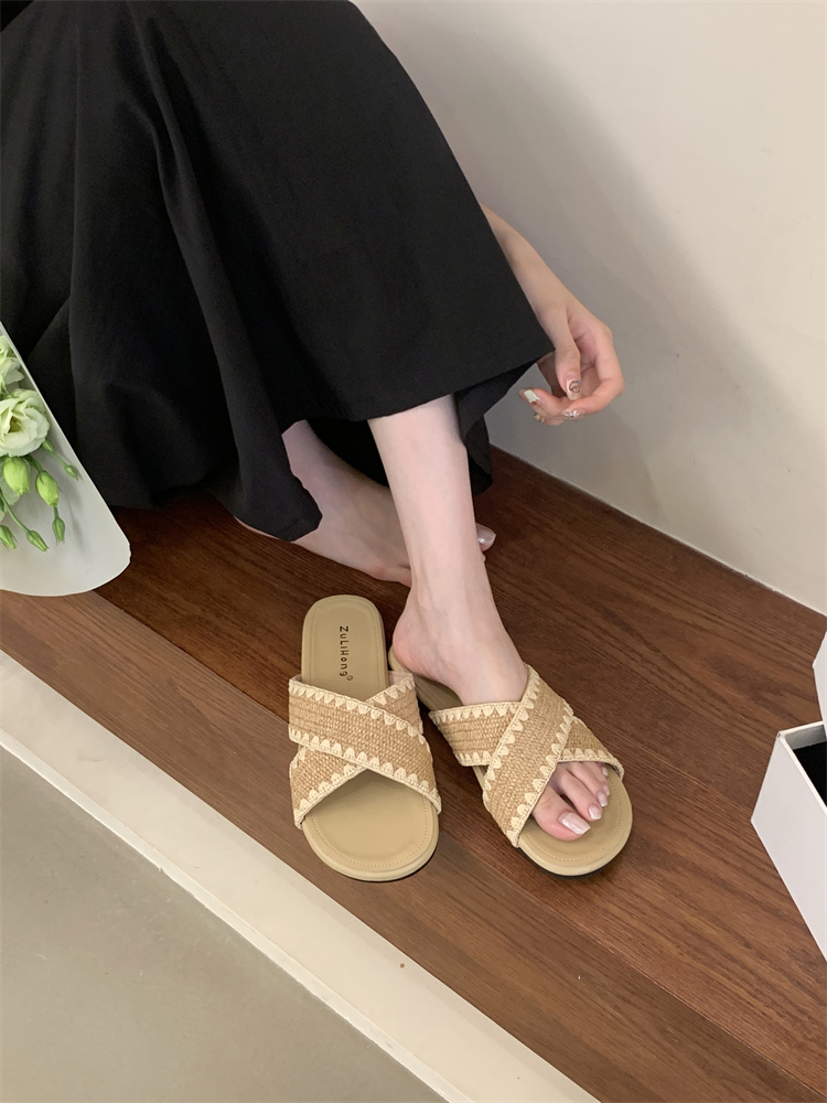 Bohemian Vacation Slippers for Women Summer New Retro Woven Flat Sandals Beach Shoes - Image 2