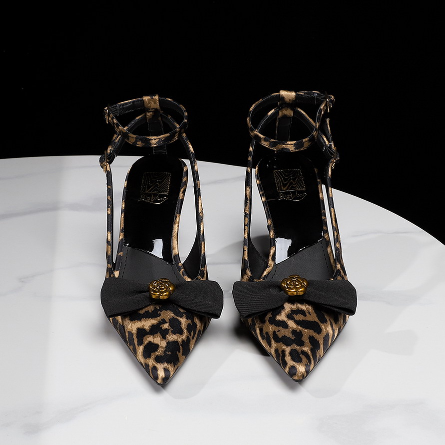 European American Style Metal Flower Bowknot Sexy Leopard Hollow One-Strap Pointed Toe Thin Heel Shoes