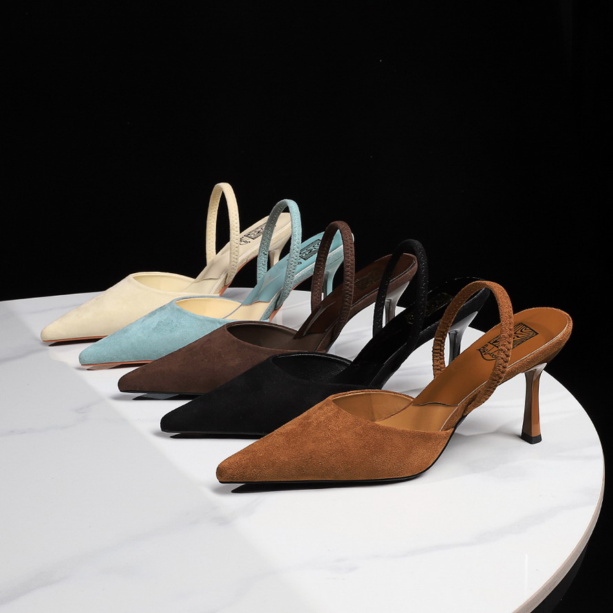 Korean Style Sexy Open Back Strap Suede Pointed Toe Shallow Mouth Thin Heel Women's High Heel Shoes - Image 4