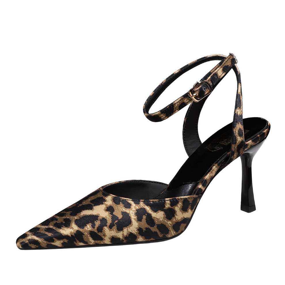 BIGWOOD Women's Satin Pointed Toe Ankle Strap Leopard Print High Heel Sandals - Image 5