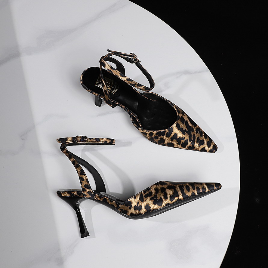 BIGWOOD Women's Satin Pointed Toe Ankle Strap Leopard Print High Heel Sandals